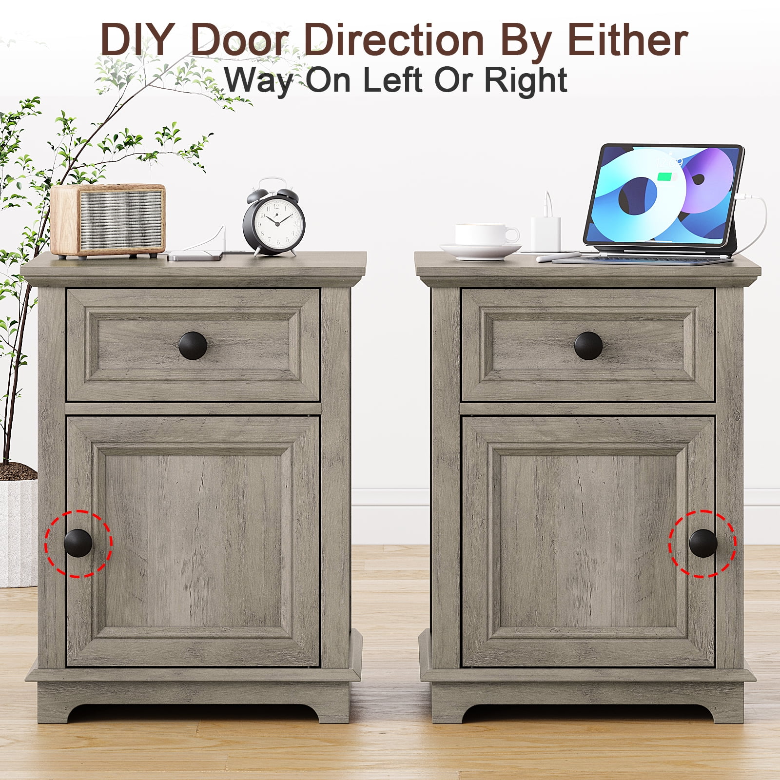 FAGAGA End Table for Living Room with Charging Station, Square Sofa Side Table with Drawer and Adjustable Storage Shelf, Wooden Nightstands Storage Cabinet for Bedroom, Office | Split Oak