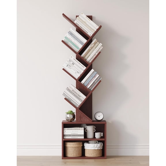 SUNMORY 6 Tier Tree Bookshelf, Small Bookcase with Storage Cabinet, Modern Tall Narrow Bookshelves Organizer, Floor Standing Book Shelf for Bedroom/Living Room/Home Office/Corner, Rustic Brown