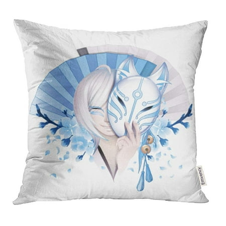 ARHOME Smiling Asian Girl with Gray Hairs Hiding Her Face Under The Japanese Demon Fox Mask Pillowcase Cushion Cases 20x20 inch