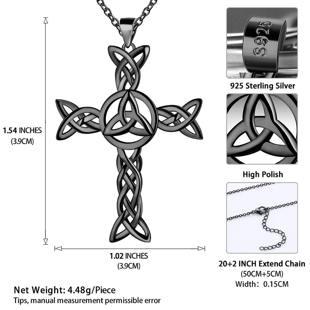 Hipunk Celtic Cross Necklace for Men Women 925 Sterling Silver Celtic Knot Cross Pendant Necklace Trinity Triquetra Irish Jewelry Fathers Day Gift for Dad