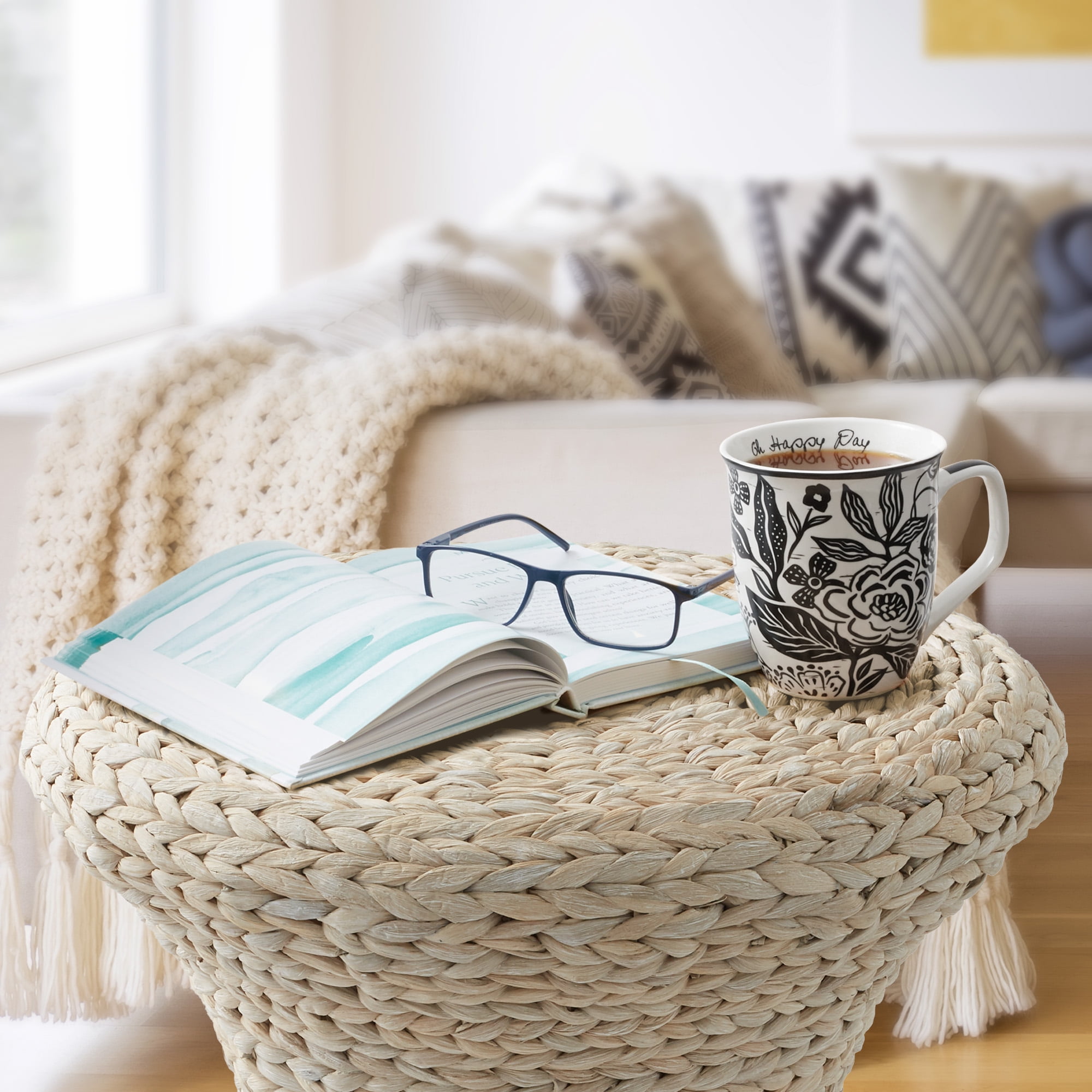 Casafield Hourglass Side Table - Whitewash White, Handwoven Water Hyacinth, Boho Wicker End Table for Bedroom, Entryway, Living Room, Office