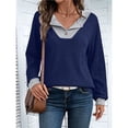 thumbnail image 4 of Camisetas de Larga de Moda de Otoño para Mujer, Sudaderas con Cuello en V y Botones de Patchwork, Tops Casuales Tipo Pulóver Azul Marino M, 4 of 9