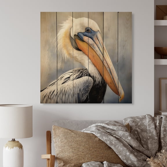 Designart "Majestic Seabird Pelican III" Animals Print on Natural Pine Wood