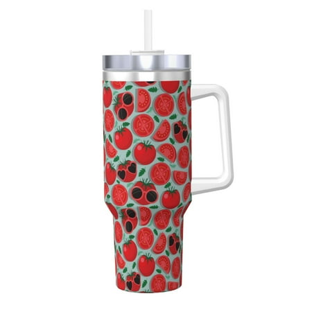 

Goofa Cute Tomato Print 40oz Ice Bully With Handle And Straw Stainless Steel Vacuum Insulated Cup And 2 In 1 Straw Lid