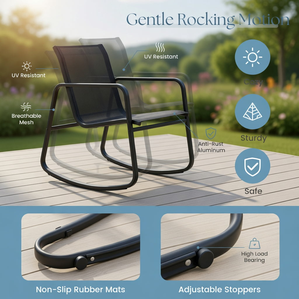 Hommoo 4-Piece Metal Patio Rocking Set with Tempered Glass Coffee Table, Outdoor Rocking Chairs & Loveseat for Backyard, Poolside & Balcony, Black