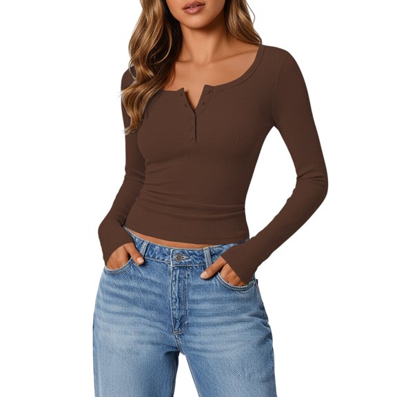 Women's Knitted Long Sleeved Top With Button Ribbed Slim Knitted Cedar