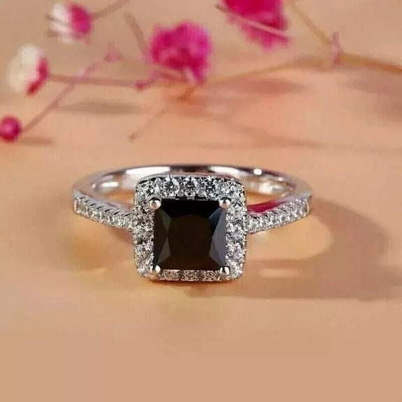 2.10CT Princess Lab Created Black Diamond Halo Women's Ring 14K White Gold Plated
