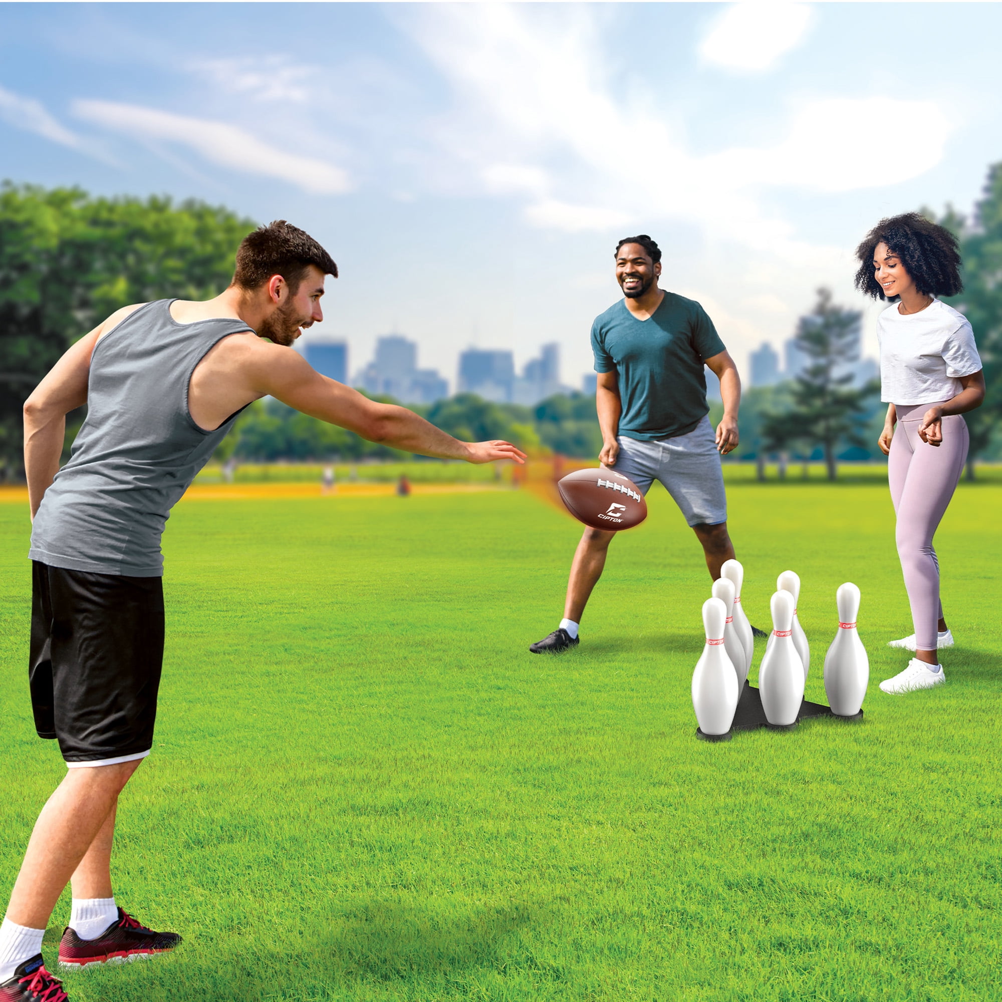Cipton Strike Football Lawn Game Set – Includes 12 Pins, 2 Target Bases, Football, Air Pump & Carry Bag – Outdoor Bowling Football Game for Backyard, Park, or Beach