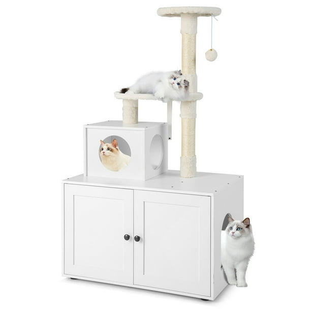 Costway Casa de Madera para Gatos con Caja de Arena y Torre Rascadora Armario con Escondite y División 77,5 x 49 x 132 cm