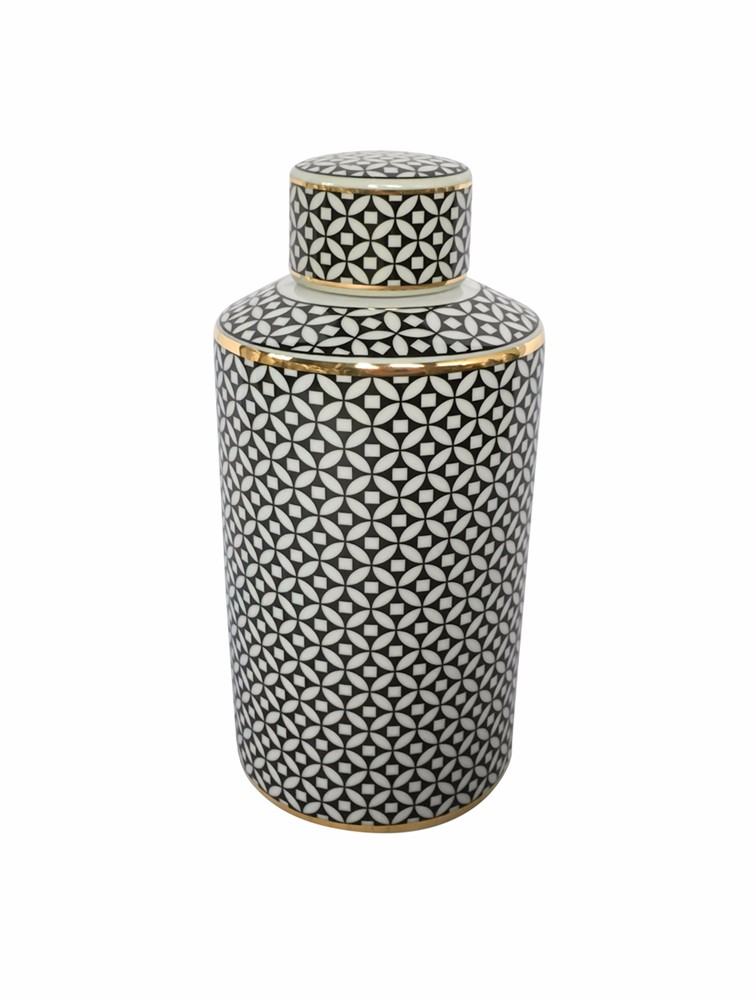 Modish Ceramic Covered Jar With Lid, Black And White