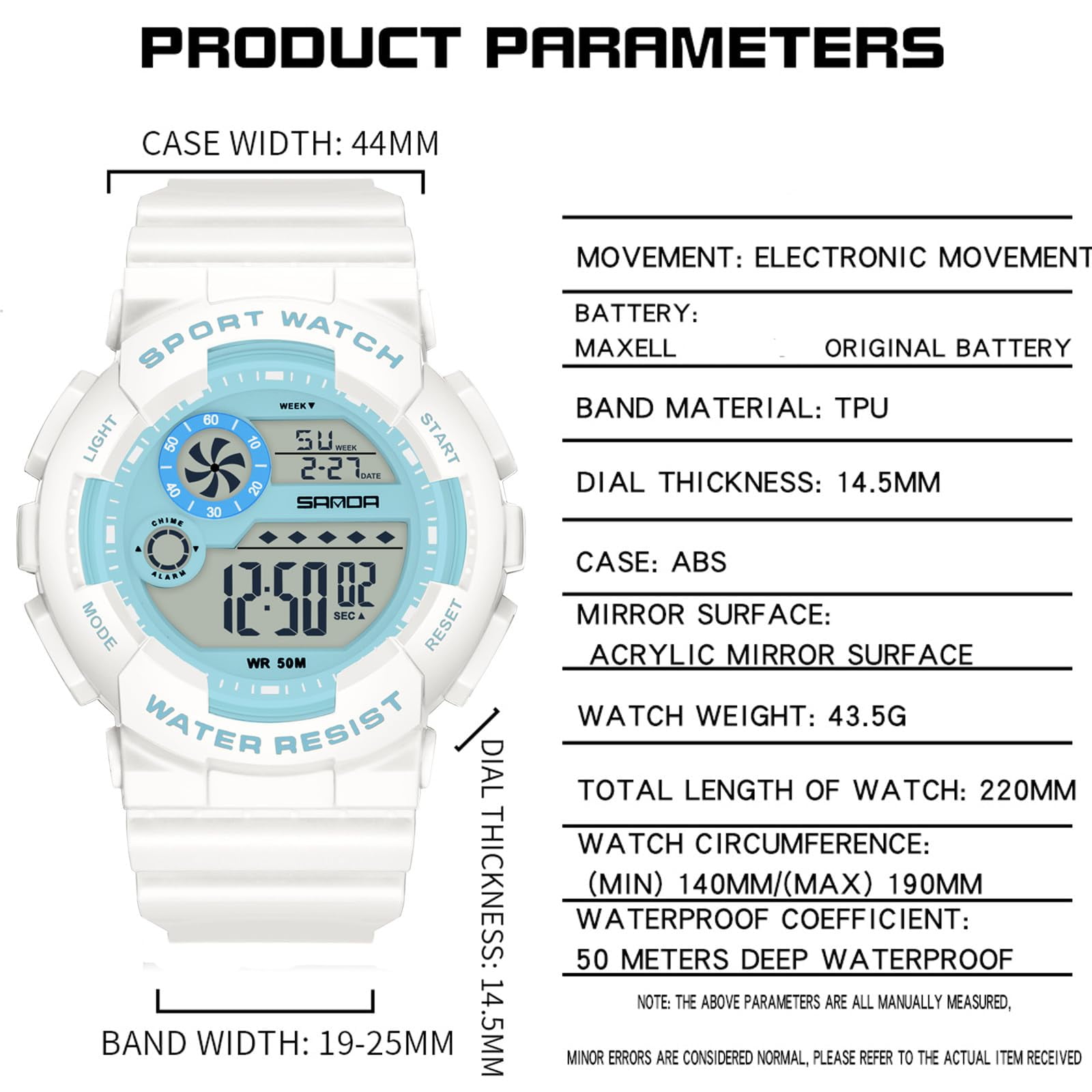 Findtime Digital Watch Womens Sport Waterproof White Wrist Watches for Women with Alarm Stopwatch Hourly Chime LED Display 12H/24H Calendar