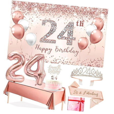 SKYSONIC 25th Birthday Party Decor Set for Women, Rose 25 Banner and Tablecloth, Fabulous at 25 Sash and Tiara, Happy 25th Birthday Cake Topper, 25 Number Balloons