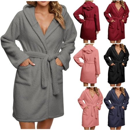 AINIYS Fashion Women s Solid Color Hooded Short Robe with Pockets and Belt Long Sleeve Soft Polyester Sleepwear for Casual Daily Wear Navy XL