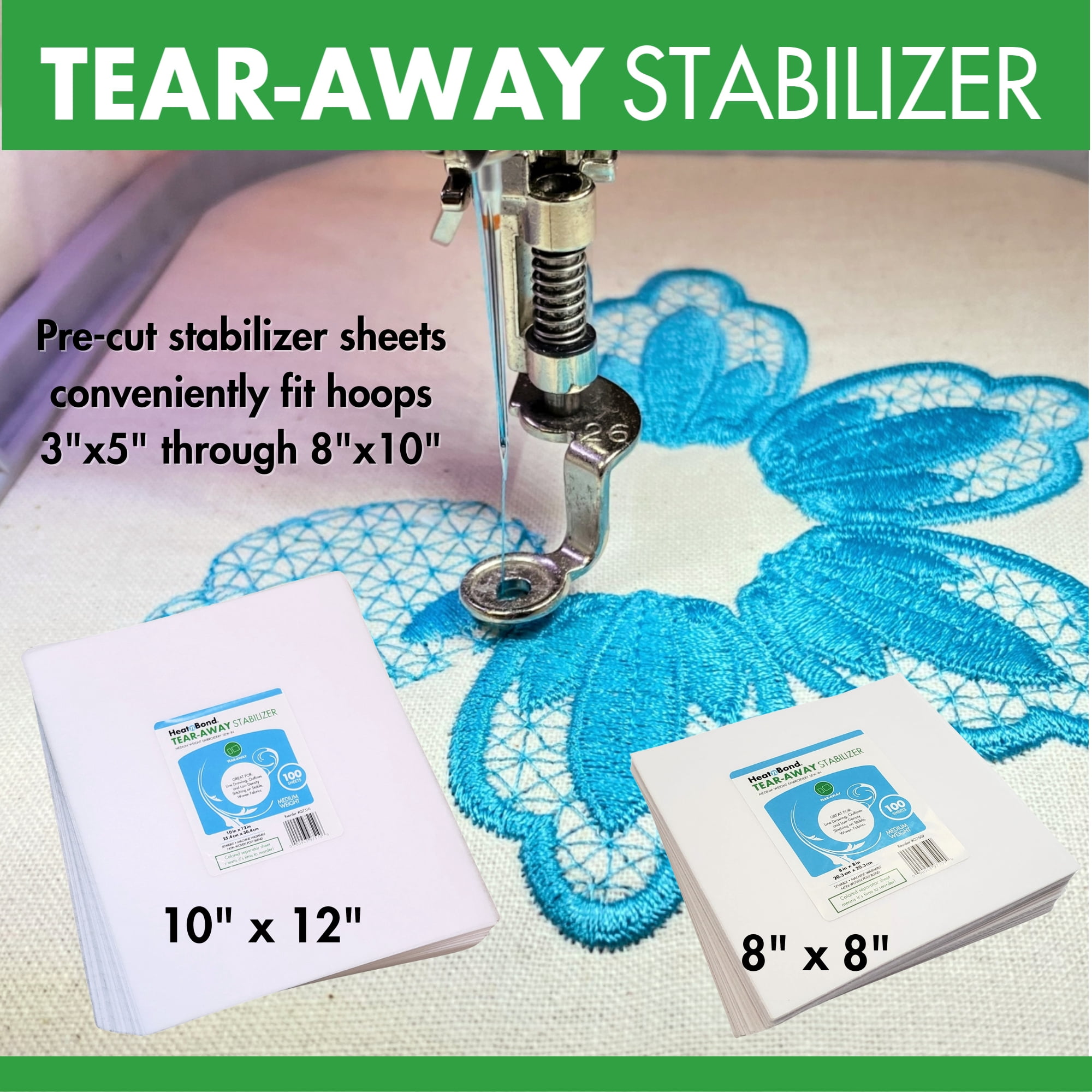 HeatnBond Tear Away Machine Embroidery Stabilizer - 10 inch x 12 inch Sheets Medium Weight 1.8 Ounce - Pack of 100
