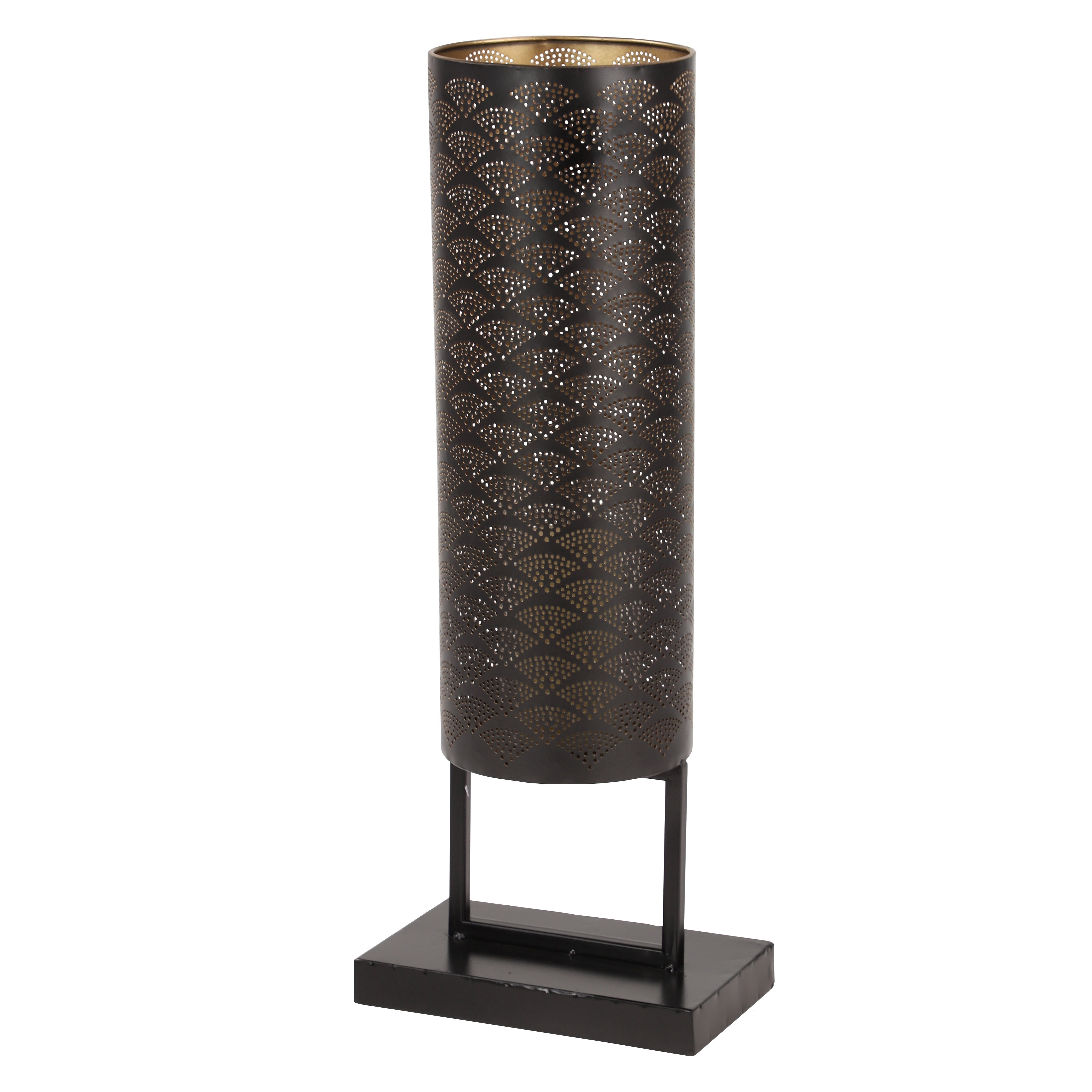 DecMode Modern Style Large Black Cylinder Metal Lantern with Pierced Metal Boho Pattern on Metal Base, 10” x 27”