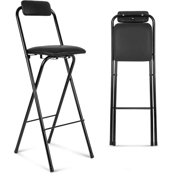 1 Pcs Folding Bar Stool with Backrest, Tall Foldable Stool Chair Portable High Folding Bar Chair Counter Height Seat Leather Padded for Kitchen Island Shop Cafe Dining Room Black (29.5 Inch)