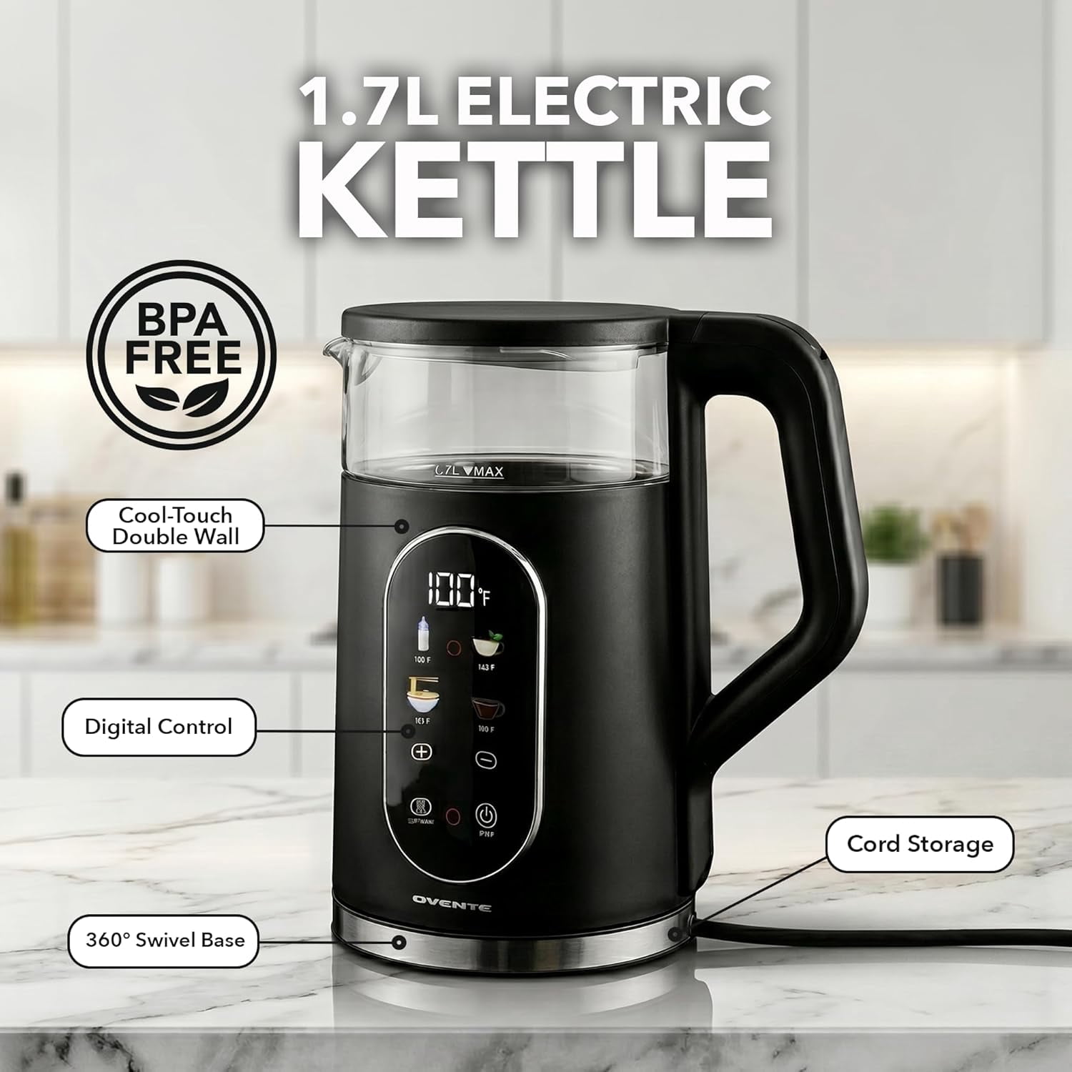OVENTE Electric Kettle, 1.7L Fast Boiling Water Heater with Digital Touchscreen, Double-Wall Cool Touch Exterior, 5Hr Keep Warm, Auto-Shut Off, Boil-Dry Protection and Borosilicate Glass, Black KD96B