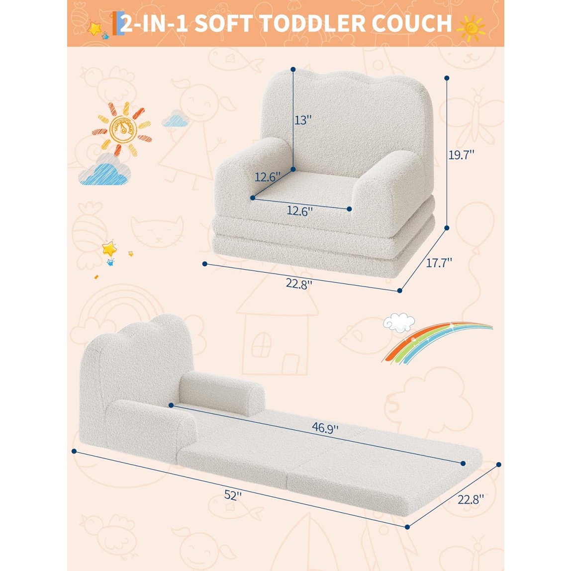 Home Kids Couch, 2-in-1 Convertible Toddler Sofa Chair, Soft Fold Out Couch Lounger for Kids, Comfy Children's Sofa Bed for Playroom