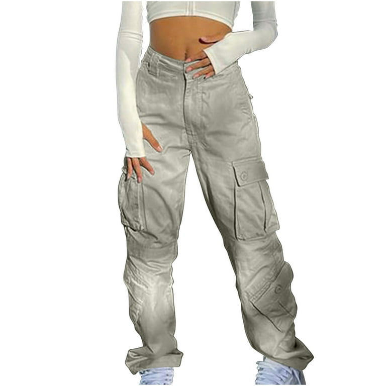 UHUYA Womens Cargo Pants Street Style Fashion Design Sense Multi Pocket  Overalls Drawstring Elastic Low Waist Sports Pants Gray B S US:4 