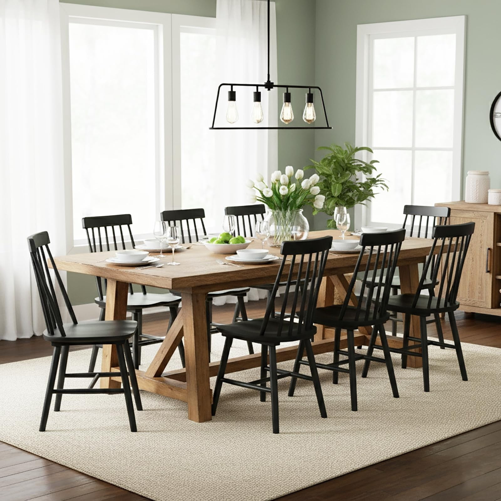 Black Farmhouse Dining Chairs Set of 4, Mid Century Modern Spindle Back Wooden Dining Room Chairs for Kitchen & Living Room