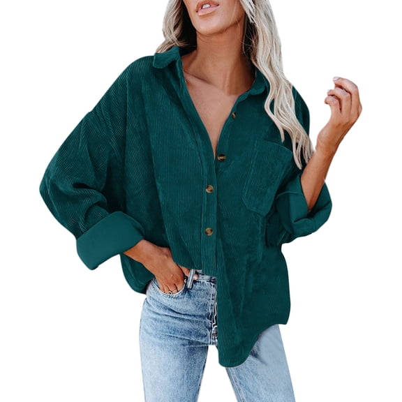 Mashaouyo Womens Corduroy Button Down Shirts Casual Long Sleeve Jacket Oversized Boyfriend Blouses Tops with Pockets