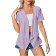 thumbnail image 3 of Feancey Lightweight Cardigans for Women Short Sleeve Casual Eyelet Blazers Solid Color Trendy Open Front Cardigan Jackets with Pockets Purple M, 3 of 7