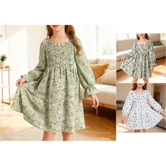 Trendfront Girls Dress Square Neck Lantern Sleeve Ruffled Lace A-Line Gown High Waist Flowy Party Dress for Kids 3-14Y