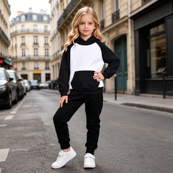 Girls Long Sleeve Hoodie Top and Bottom Set for Kids Cozy Comfort with Contrasting Sleeves Wear for Girls