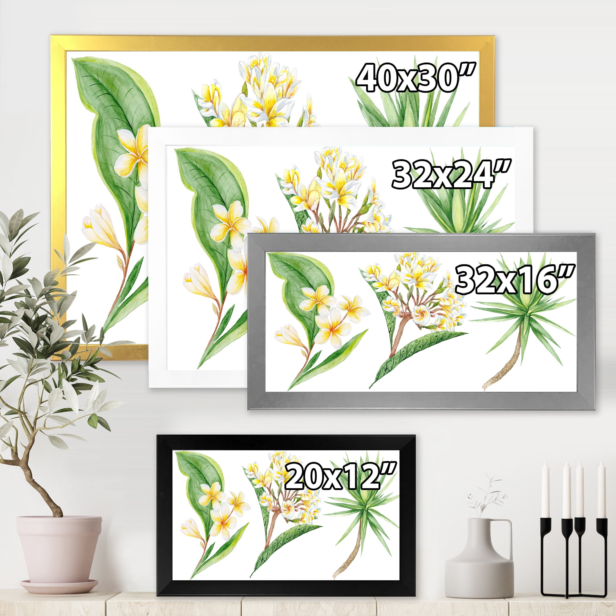 Designart 'Yellow Flowers and Tropical Foliage XII' Traditional Framed Art Print