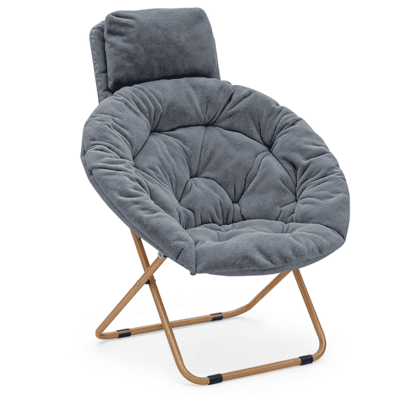 Monibloom Oversized Faux Fur Folding Saucer Chair with Removable Headrest, Comfy Moon Chair, Metal Frame, for Bedroom Living Room Dorm (Gray)