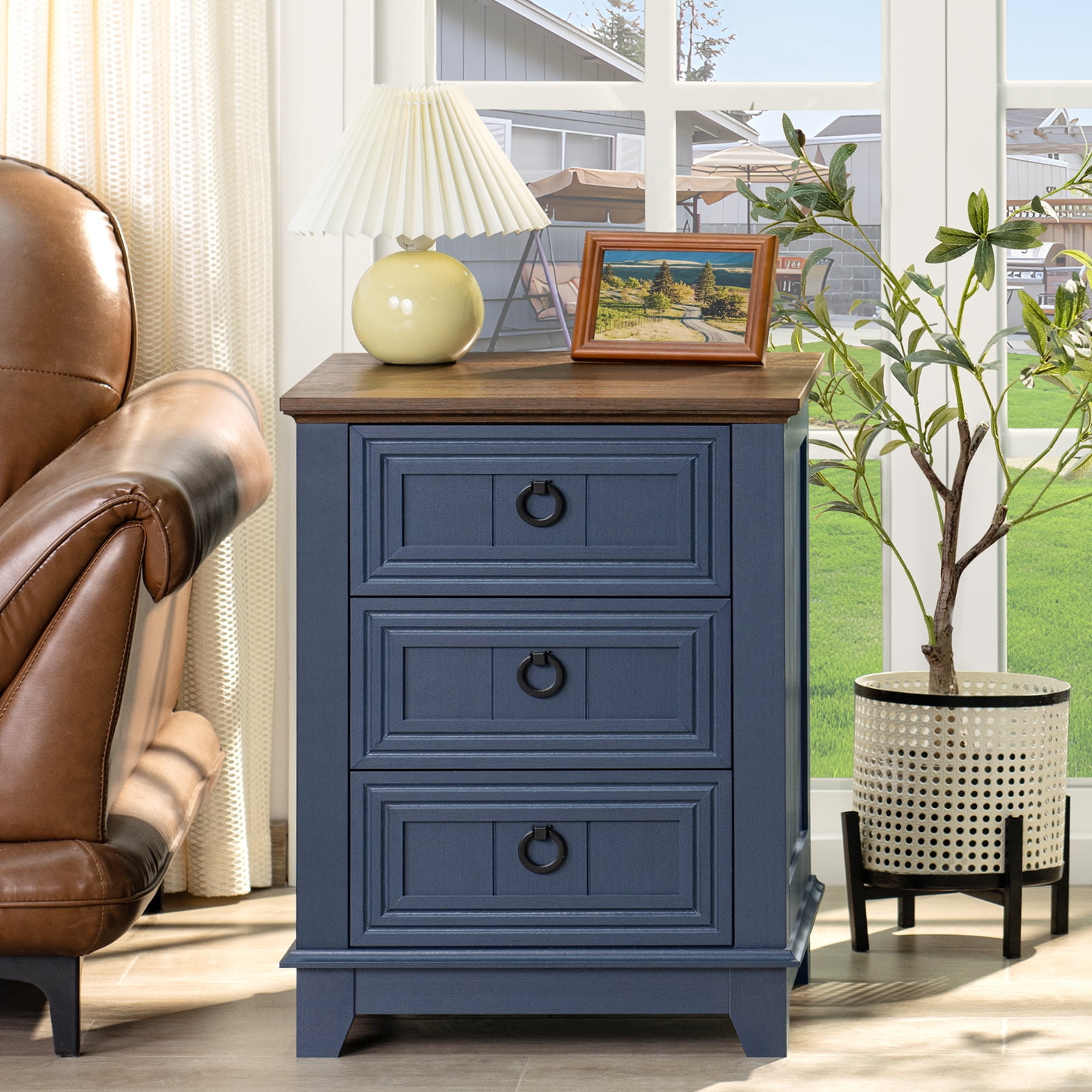 Joaxswe End Table with 3 Drawers for Living Room, Elegant Nightstand with Metal Handle for Bedroom, Blue