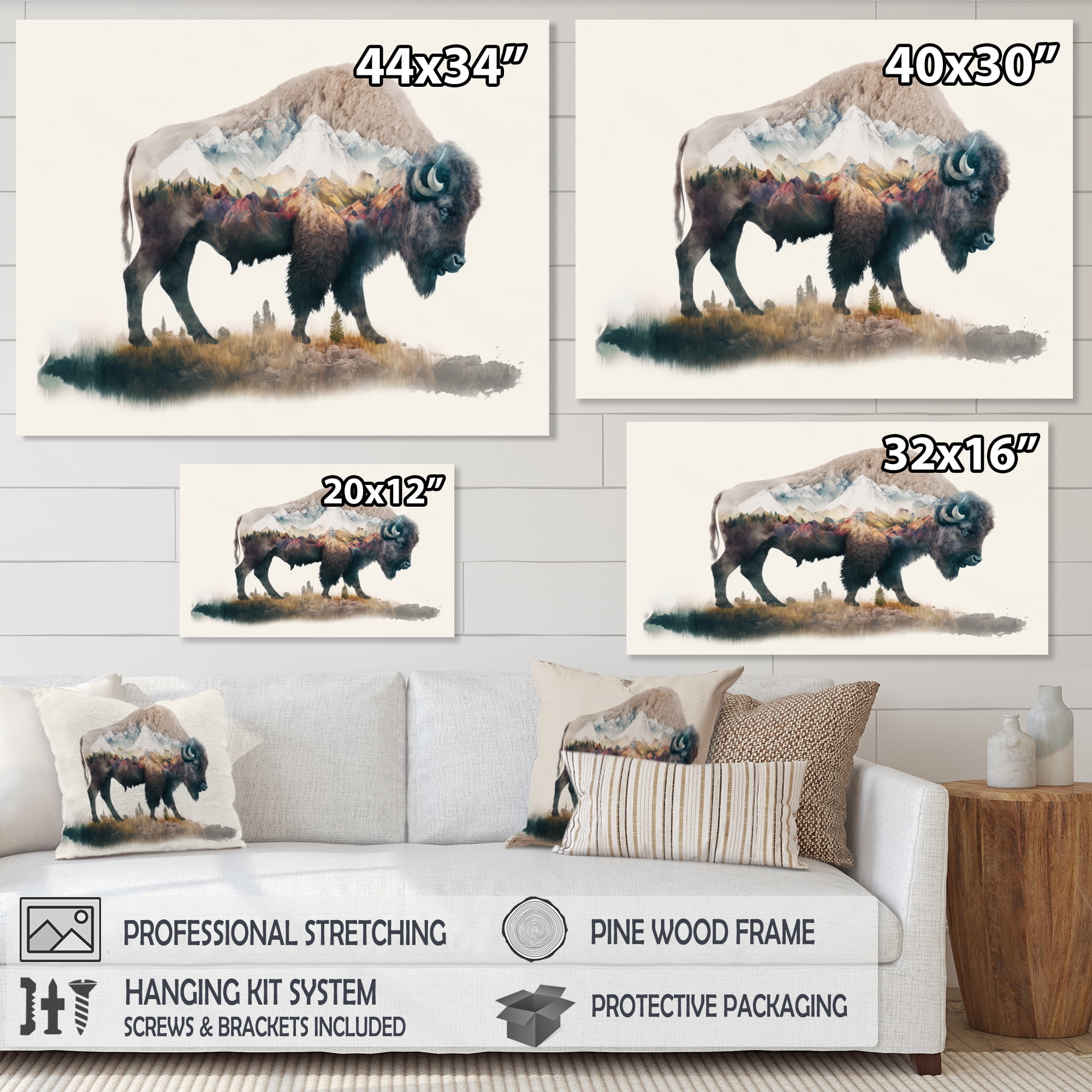 Designart Double Exposure Of A Bison With Nevada Landscape III Canvas Wall Art