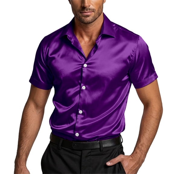 Yuhangmm Men Short Sleeve Dress Shirts Summer Satin Slim Fit Business Casual Fashion Top Purple XL