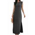 thumbnail image 2 of 2025 Women Summer Round Neck Casual Loose Split Wrinkle-Free Long Maxi Vacation Dress with Pockets, 2 of 9