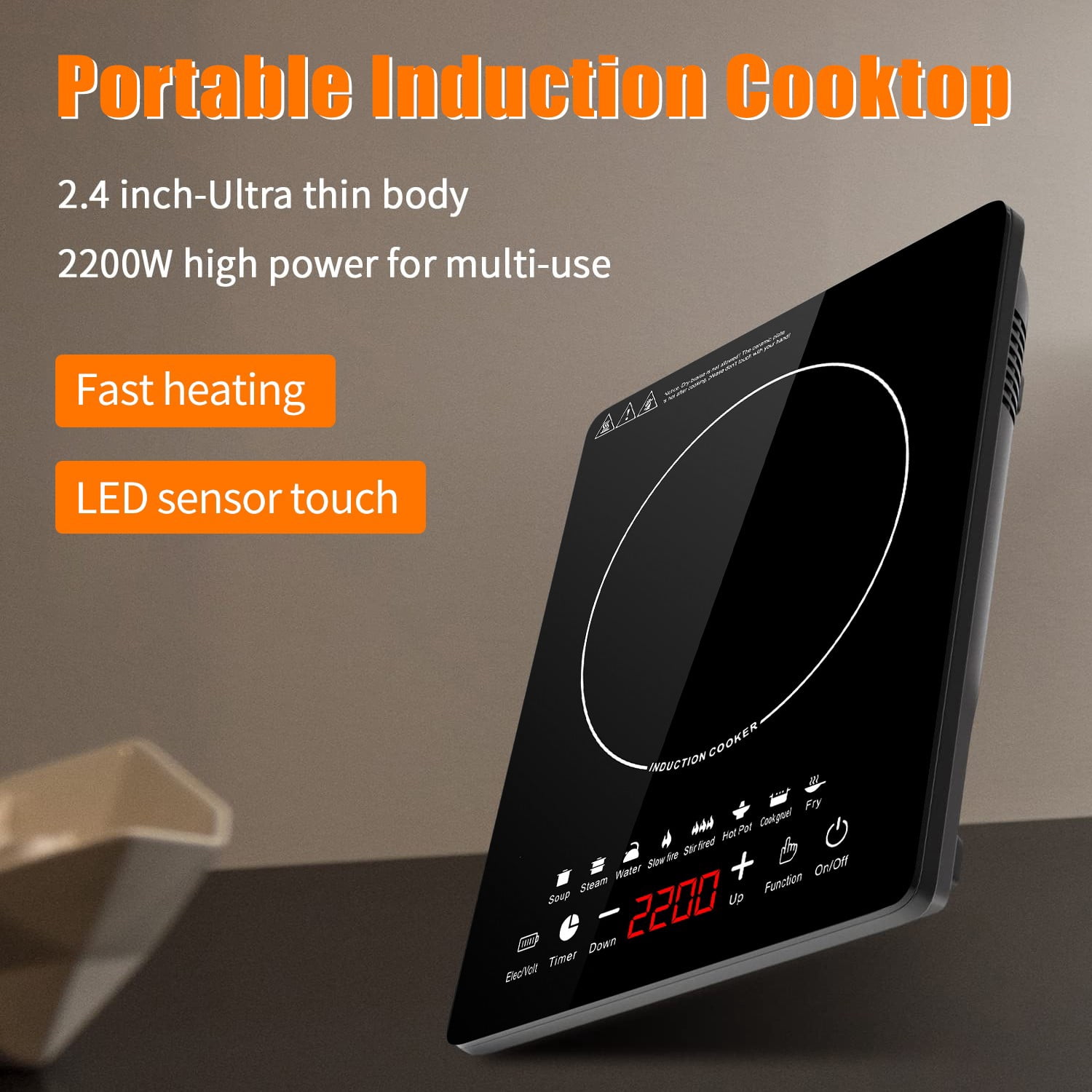 Cikuci 2200W Portable Induction Countertop Burner, 8 Temp Levels, Timer,  Auto Pot Detection, Child Safety Lock
