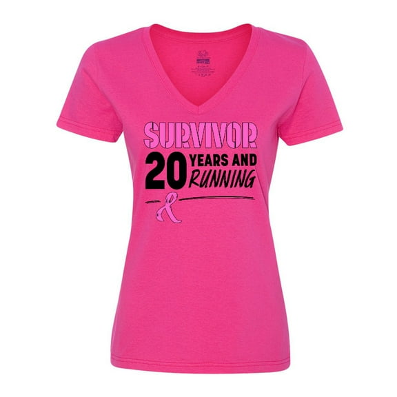 Inktastic Breast Cancer Survivor 20 Years and Running with Pink Ribbon Women's V-Neck T-Shirt