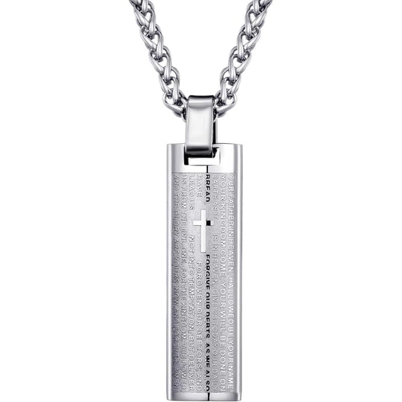 Stainless Steel Lords Prayer Bar Necklace for Men 24 Inches Link Chain