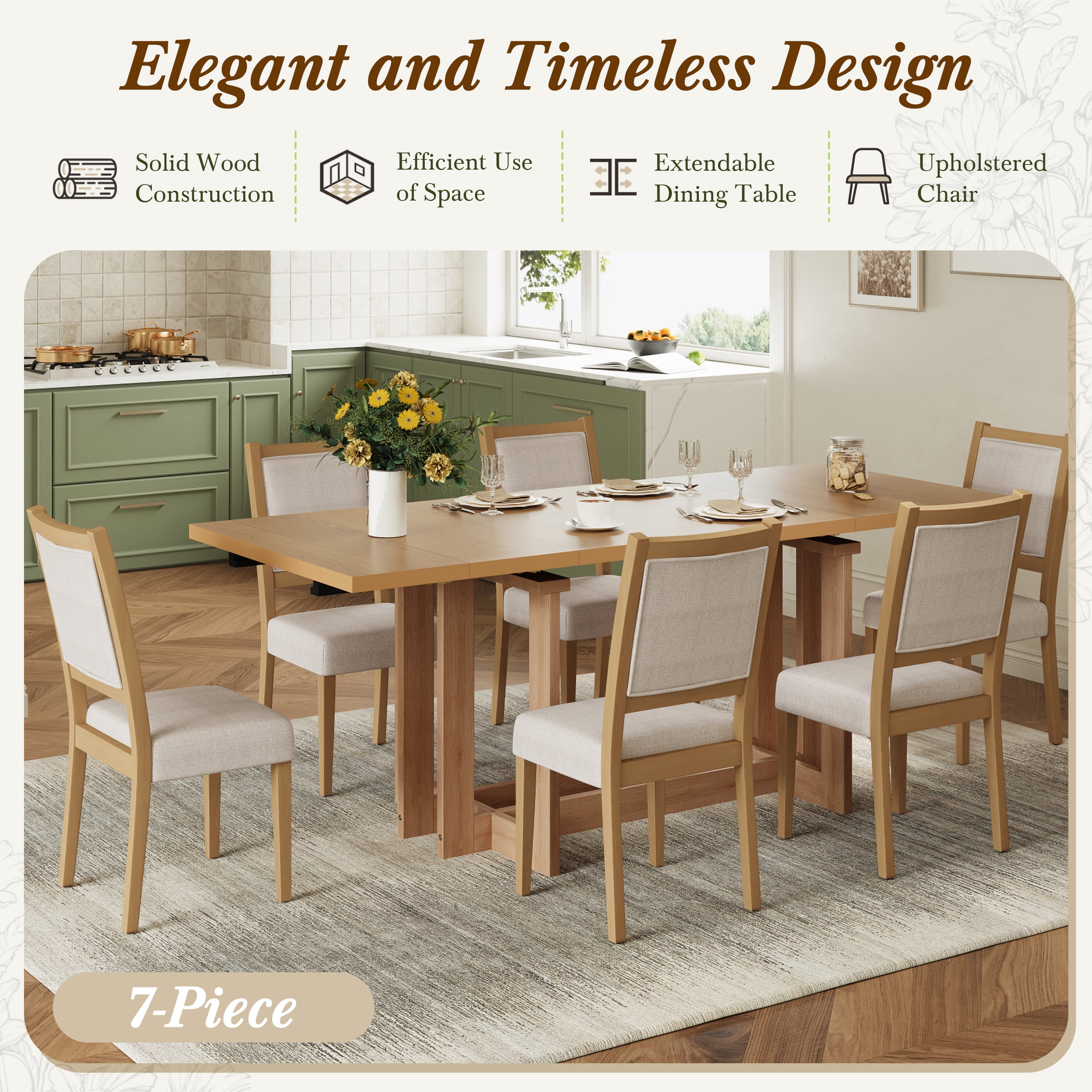 Euroco 7-Piece Extendable Dining Table Set for 6, 82" Large Kitchen Table with 6 Upholstered Dining Chairs and 2 Removable Leaves for Kitchen Dining Room,Natural+Beige