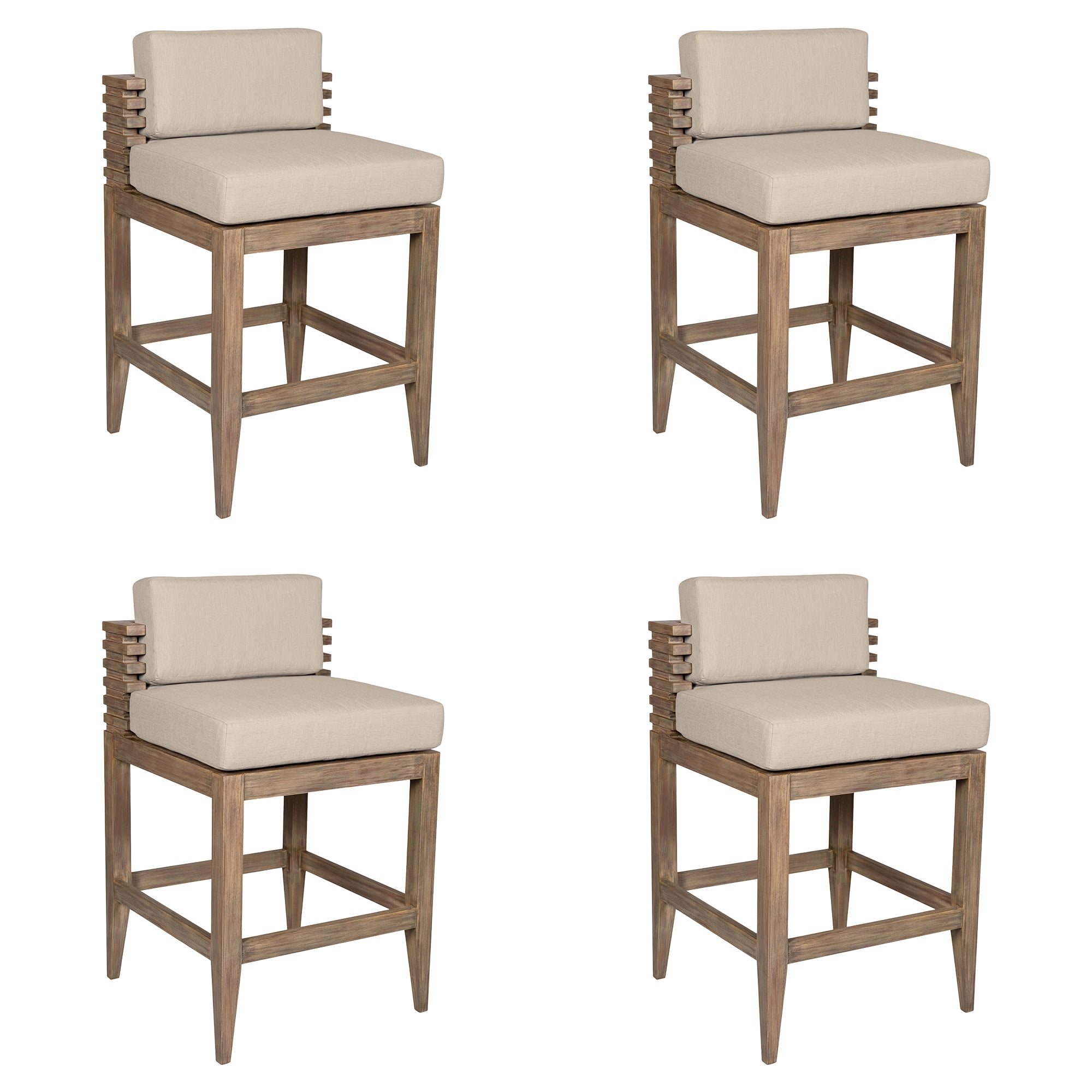 Vivid Outdoor Patio Counter Stool in Light Eucalyptus Wood with Taupe Olefin Cushions - Set of 4