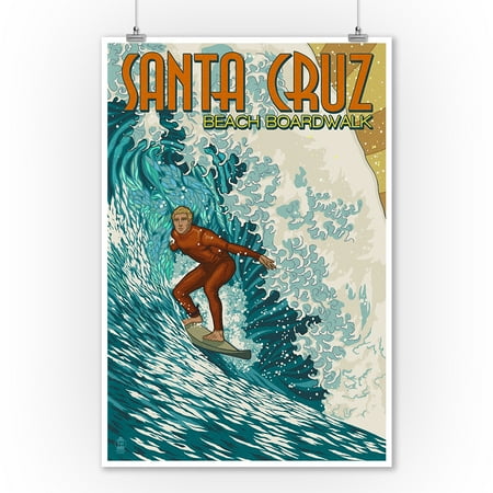 Surfer Girl Poster Santa Cruz, California - Stylized Surfer - Lantern Press Poster (9x12 Art Print, Wall Decor Travel Poster) ()