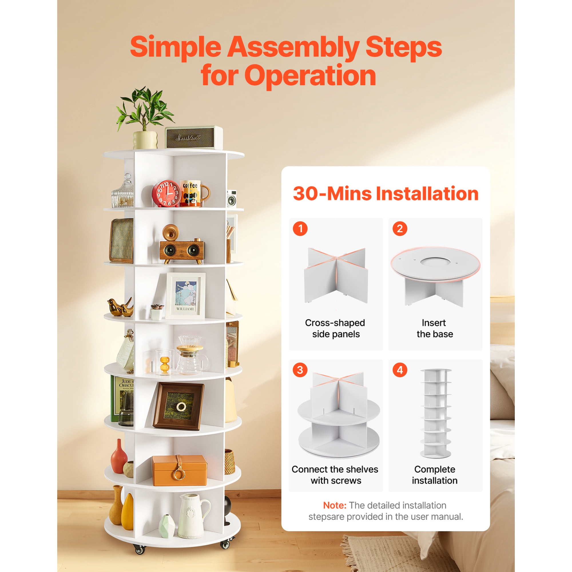 KFFKFF 7-Tier Rotating Shoe Rack Tower with Wheels, 360° Spinning Carousel Organizer, Movable Closet Shelf for Entryway or Living Room, White
