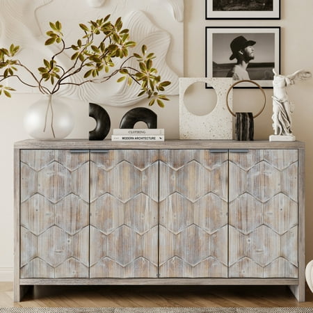Shabby Chic 4-Door Accent Cabinet with Fluted Doors / Beautifies Bedroom Decor