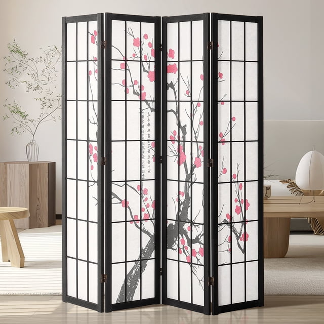 VEVOR Room Divider Japanese Room Screen Divider with 4 panels, featuring a black wooden frame and cherry blossom ink painting design. The screen has a symmetrical grid pattern and is made from durable tung wood and waterproof non-woven fabric. It offers 360° rotation with bi-directional hinges for flexible folding and easy storage. Shown in a modern interior setting with natural light and minimalist décor.