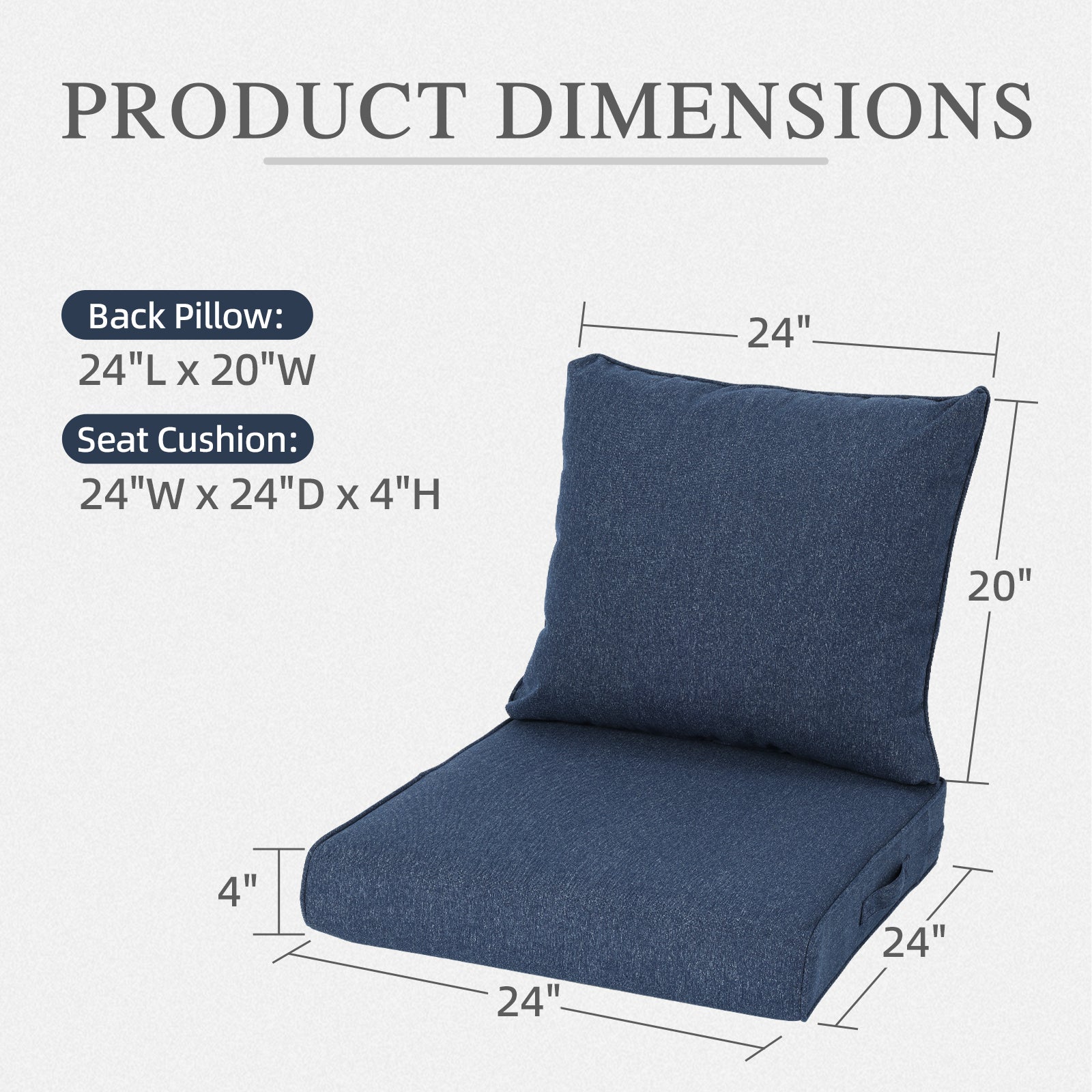 Aoodor 24" x 24" Patio Deep Seat Cushion Set, Water Resistant & Fade Resistant Outdoor Furniture Cushions with Adjustable Straps for Patio, Deck, Garden, Set of 2