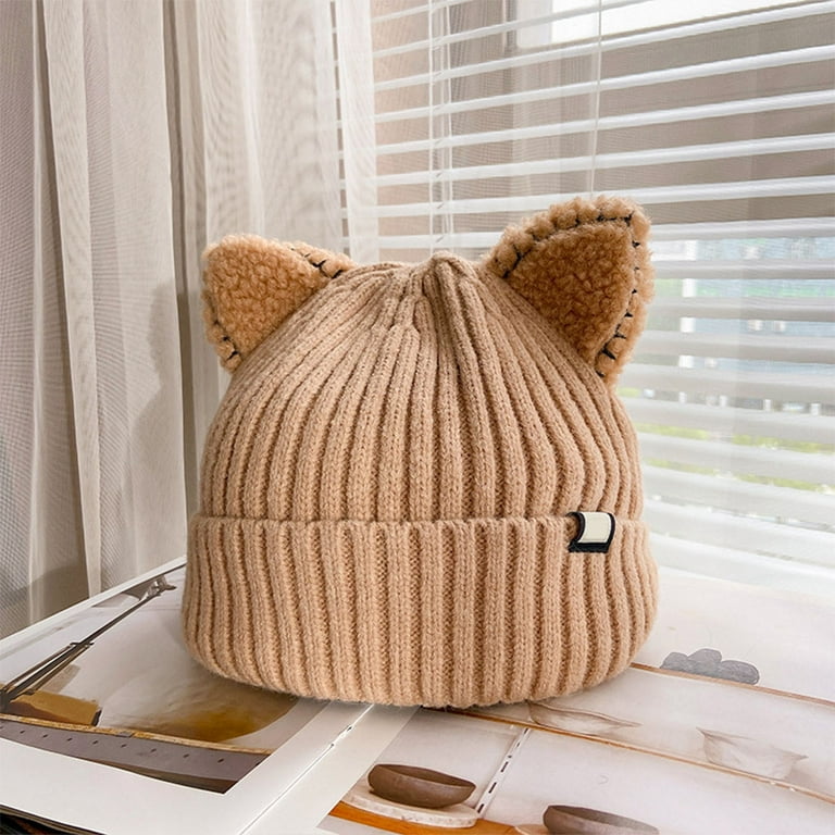 Kawaii Wool Knit Hat Fall Winter Cat Ears Shape Hats Solid