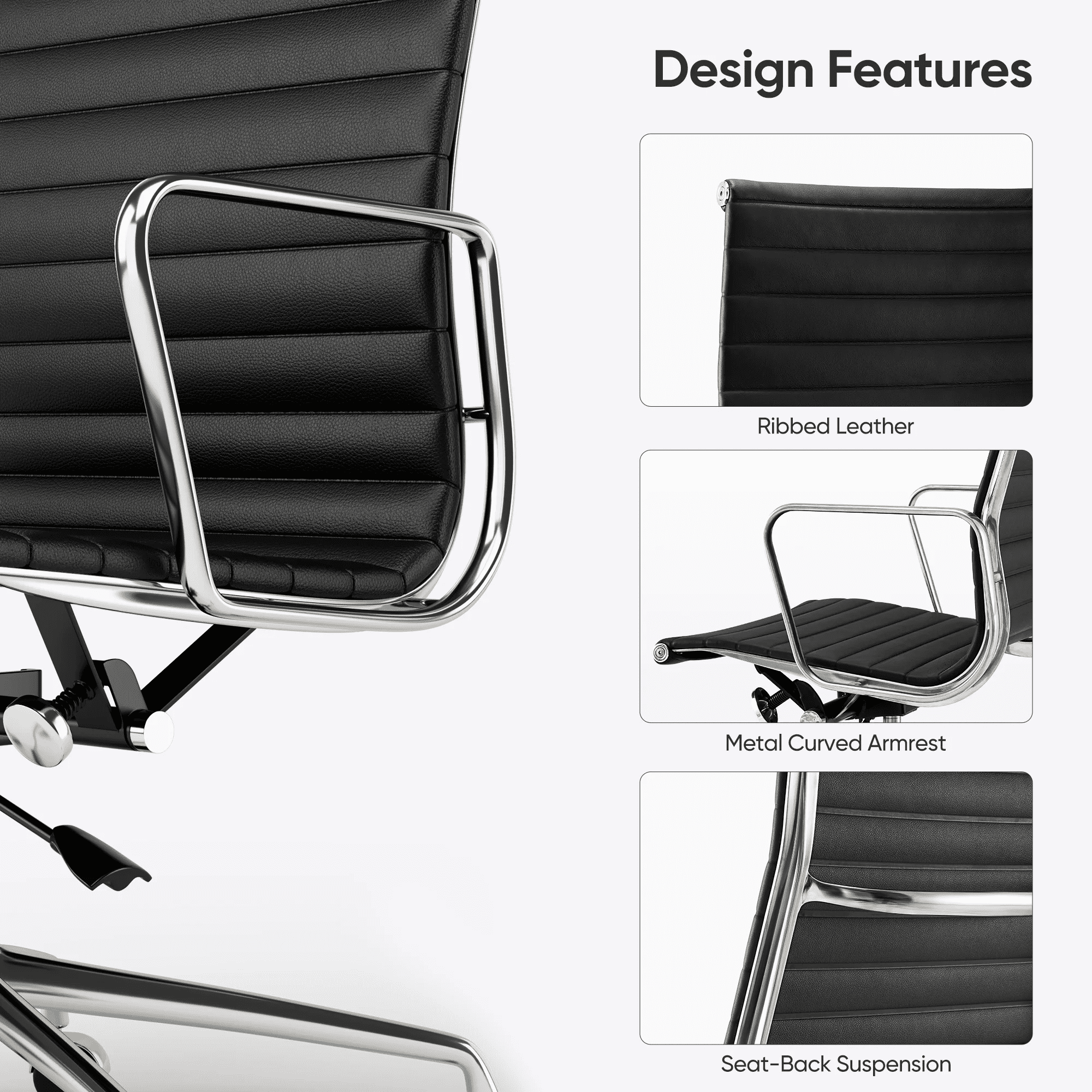 Cottinch Ribbed Office Chair High Back Genuine Leather Ergonomic Desk Chair with Arms, Adjustable Height Executive Conference Task Chair Swivel Chair for Home Office, Black