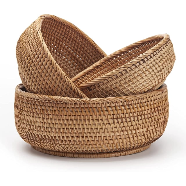 Cesta de mimbre redonda cesta de almacenamiento tejida portallaves apilable para estante cocina mesa superficie natural juego de 3