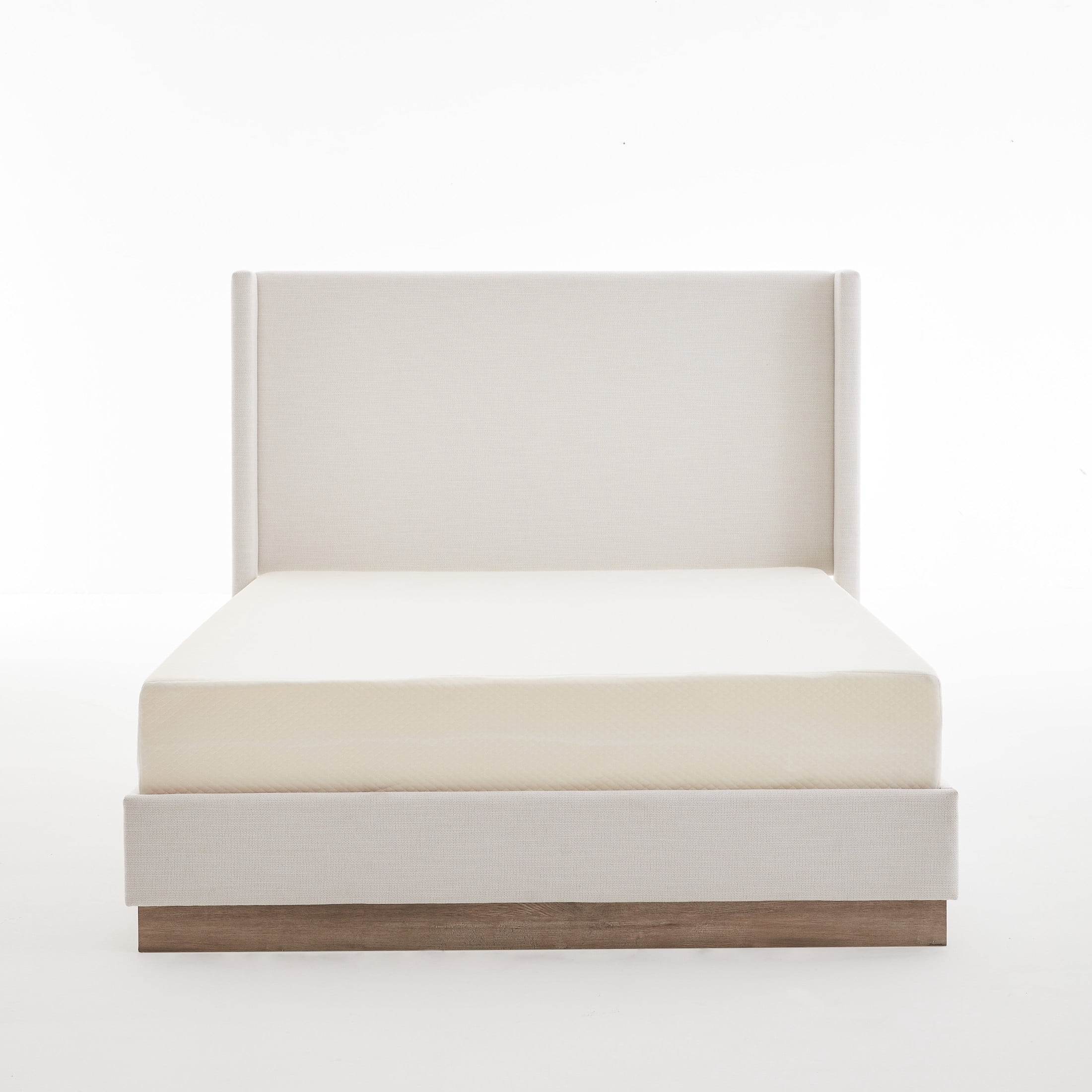Noble House Hosford Full Canvas Upholstered Wingback Bed, Wood Base Platform Bed with Wingback Headboard, Ivory
