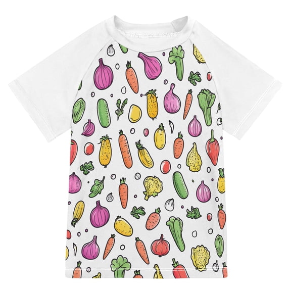 FORMRS Boys Rash Guard with Short Sleeves UPF 50  Swim Shirts Sizes 3-12T, Various Vegetables Pattern