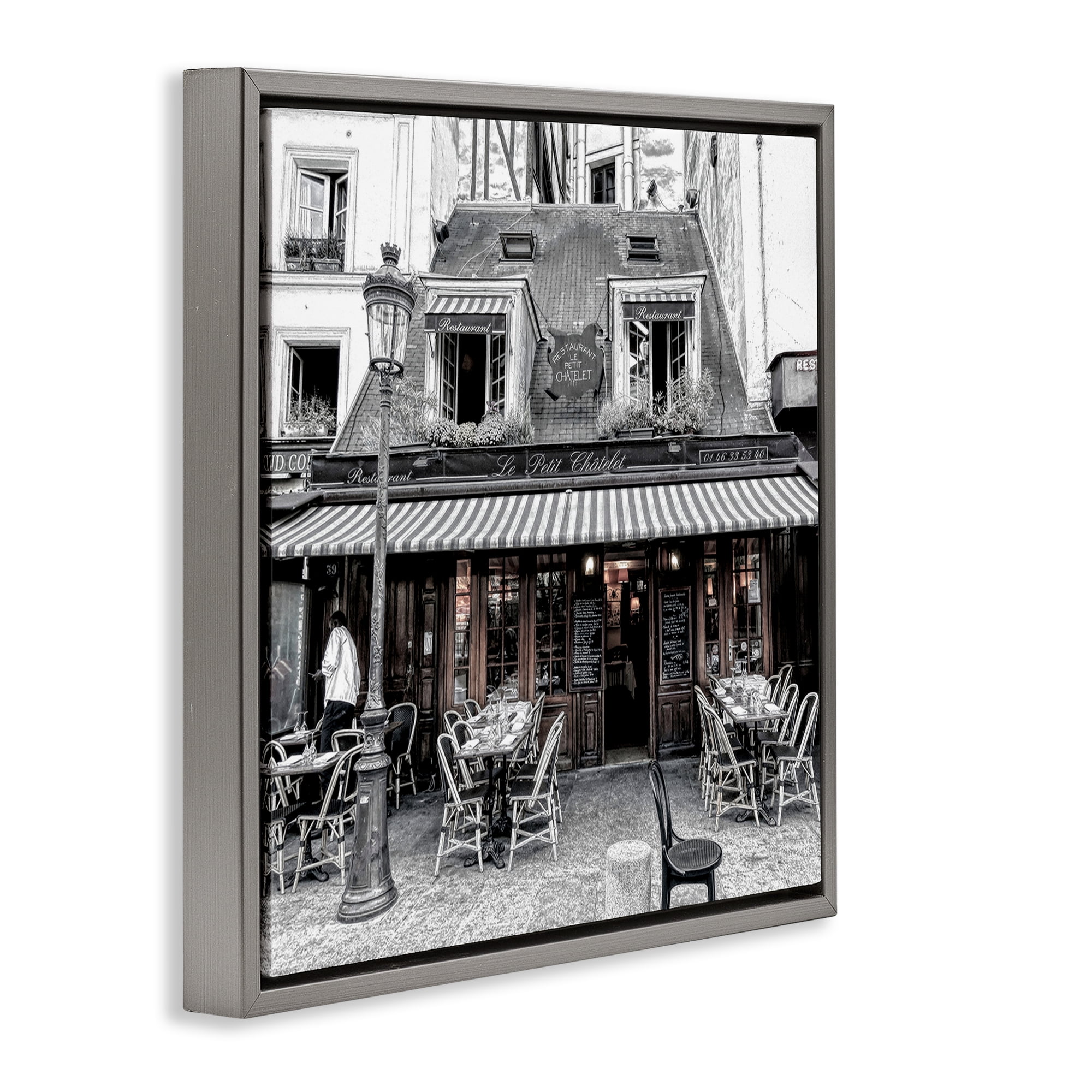 Stupell Industries Sidewalk Café Bistro Buildings & Architecture Photography Gray Floater Framed Canvas Art Print Wall Art, 18 x 18